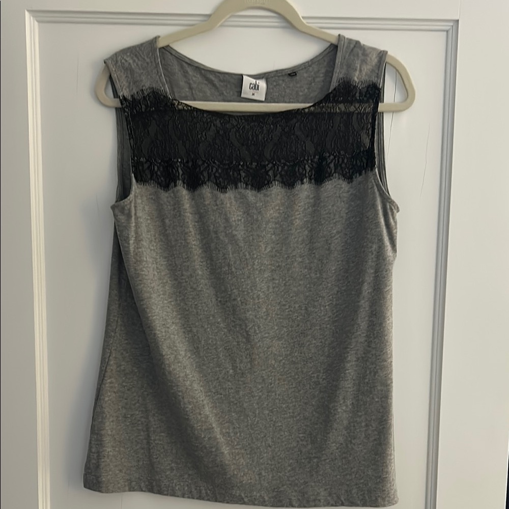 Cabi Chic Gray Sleeveless Top with Black Lace